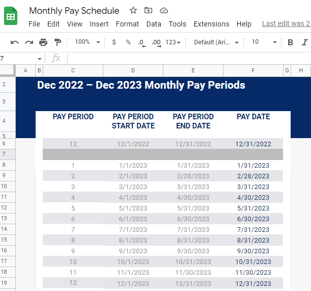 Monthly Pay Schedule in Google Sheets