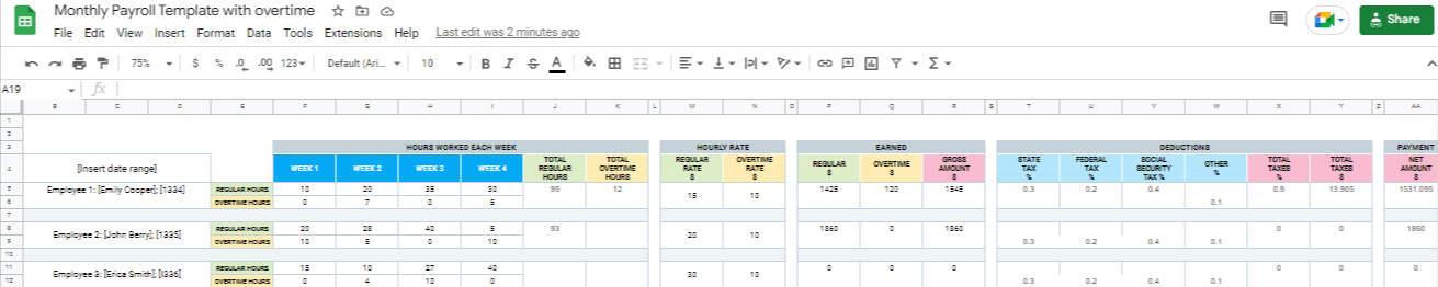 Monthly Payroll Template with overtime in Google Sheets