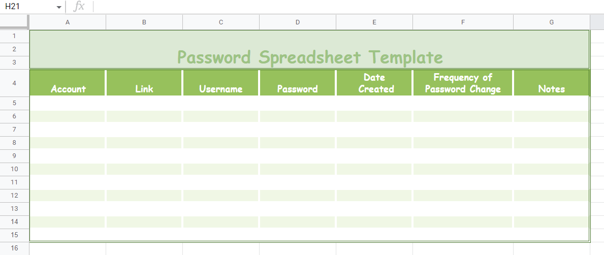 Password Spreadsheet Template