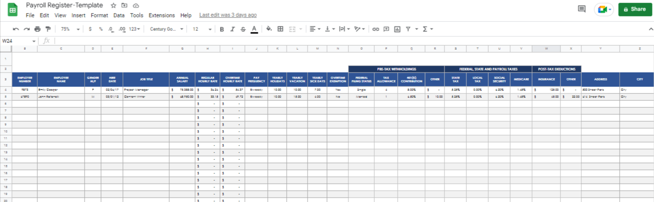 Payroll Register Template in Google Sheets