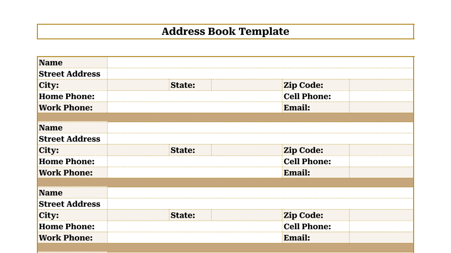 Printable address book template