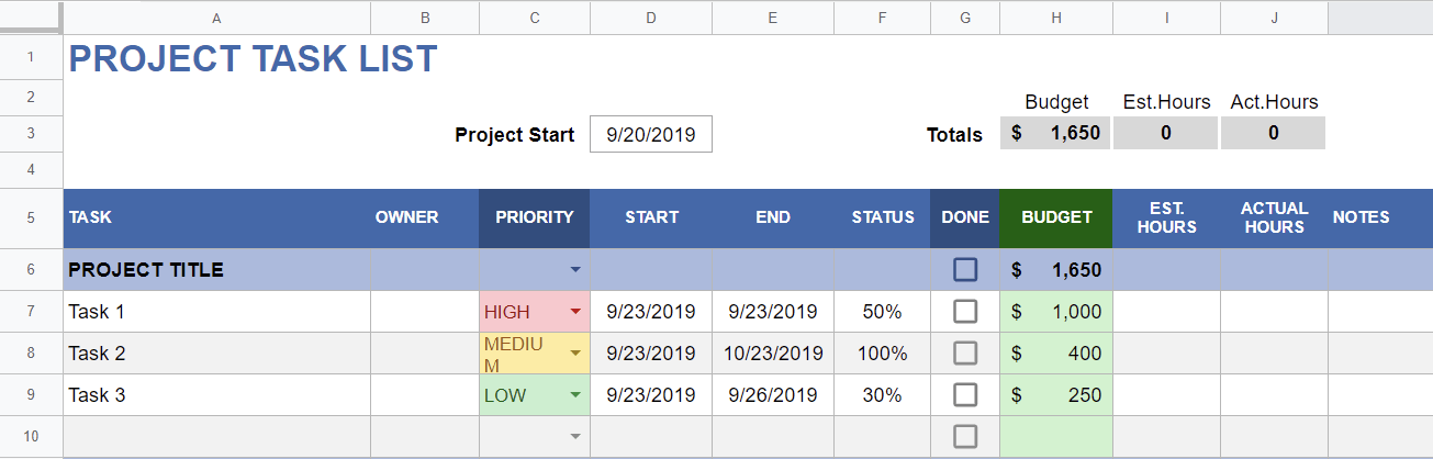 Project Task Checklist Template