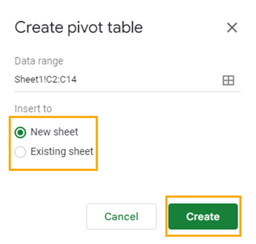 The Create pivot table window