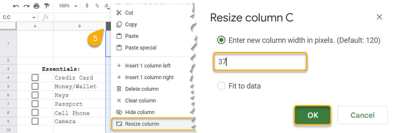 The Resize column option