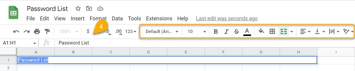 The menu in Google Sheets