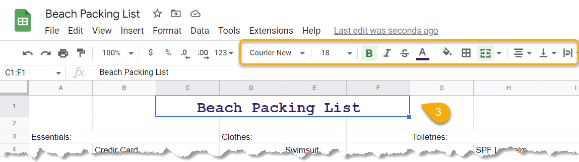 The menu in Google Sheets