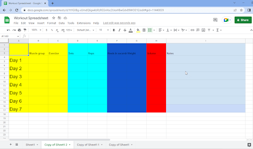 Workout template in Google Sheets