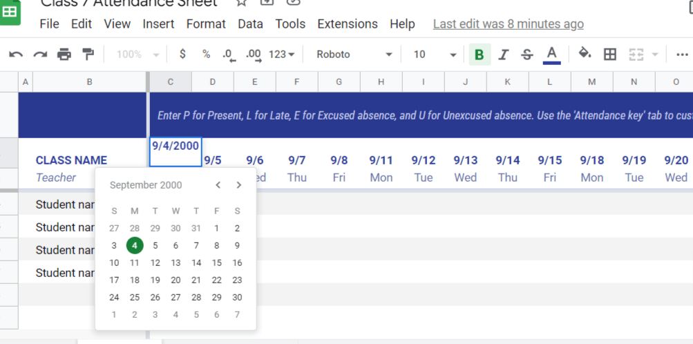 Attendance Sheet calnder