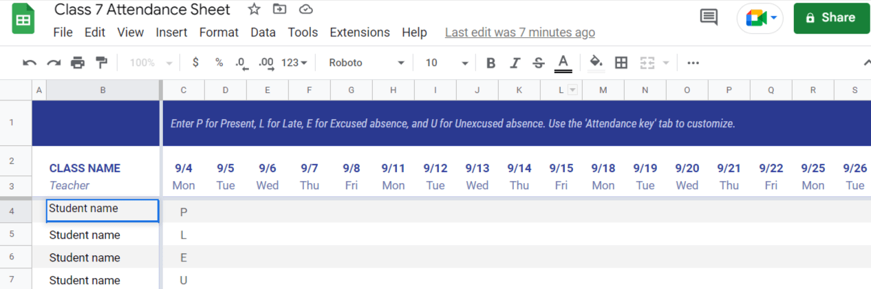 Attendance Sheet student name