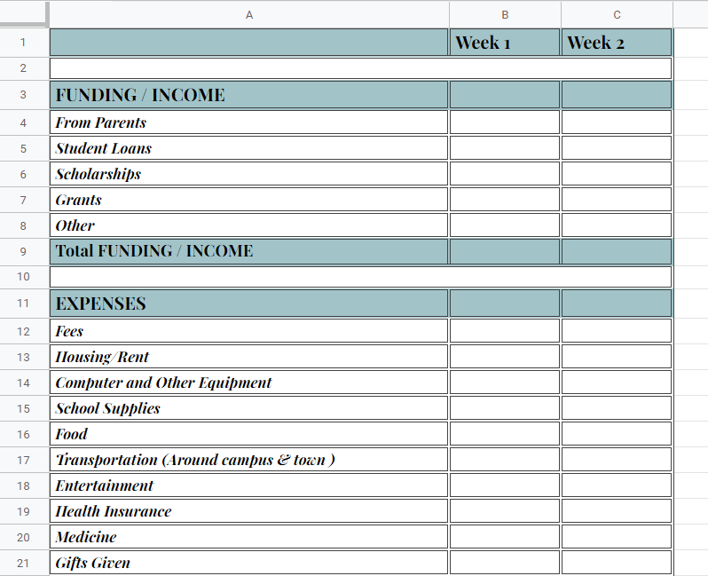 Bi Weekly College Budget Template