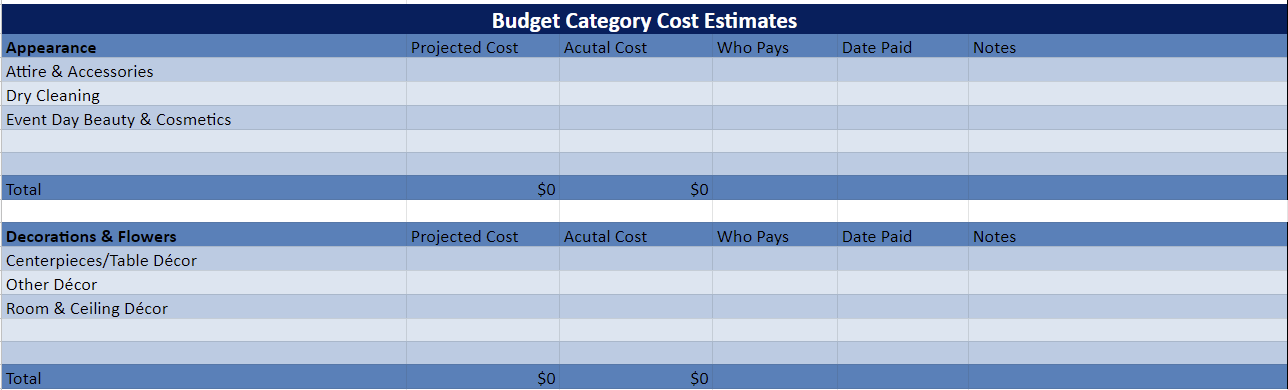 Bridal Shower Budget Template