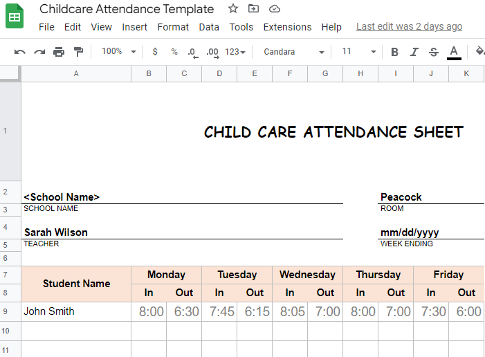 Childcare Attendance Template Google Sheets