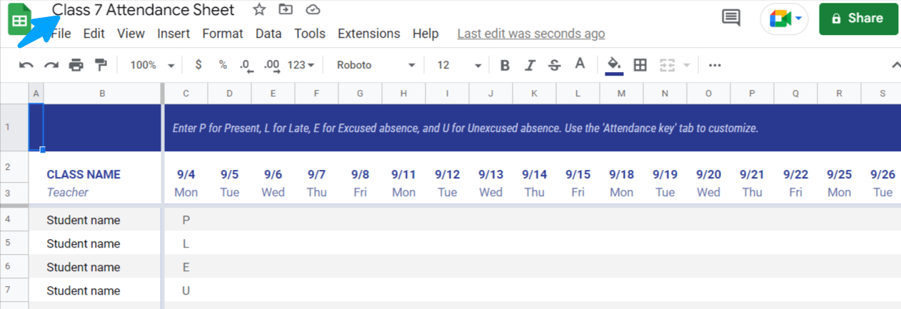 Class 7 Attendance Sheet Google Sheets