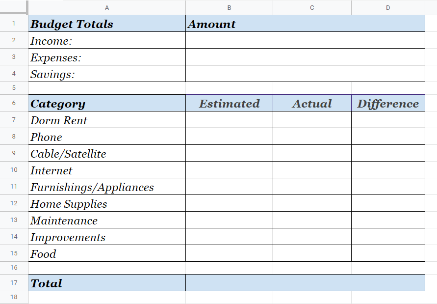 College Dorm Budget Template