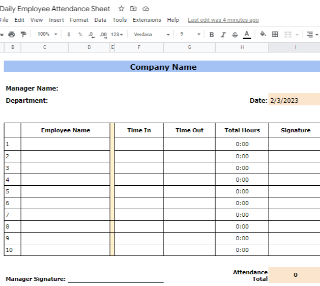 work attendance sheet