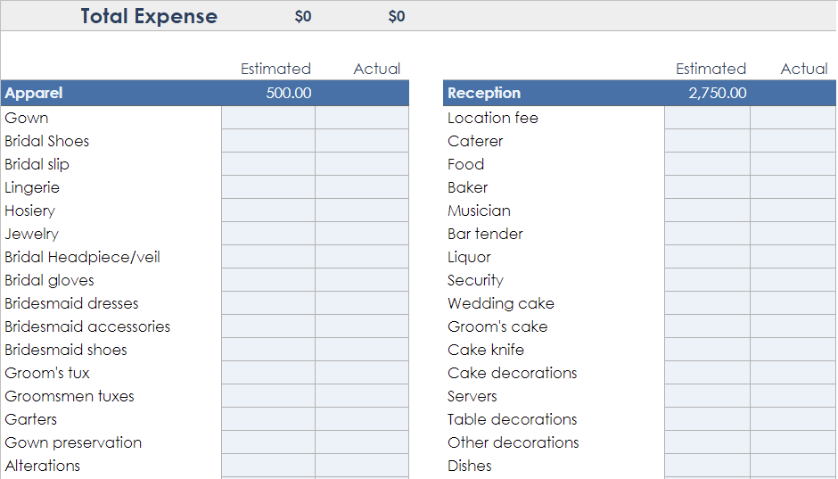 Detailed Wedding Budget Template