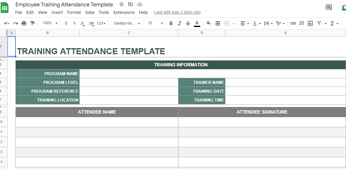 Employee Training Attendance Template Google Sheets