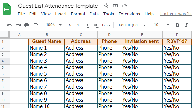 Guest List Attendance Template Google Sheets