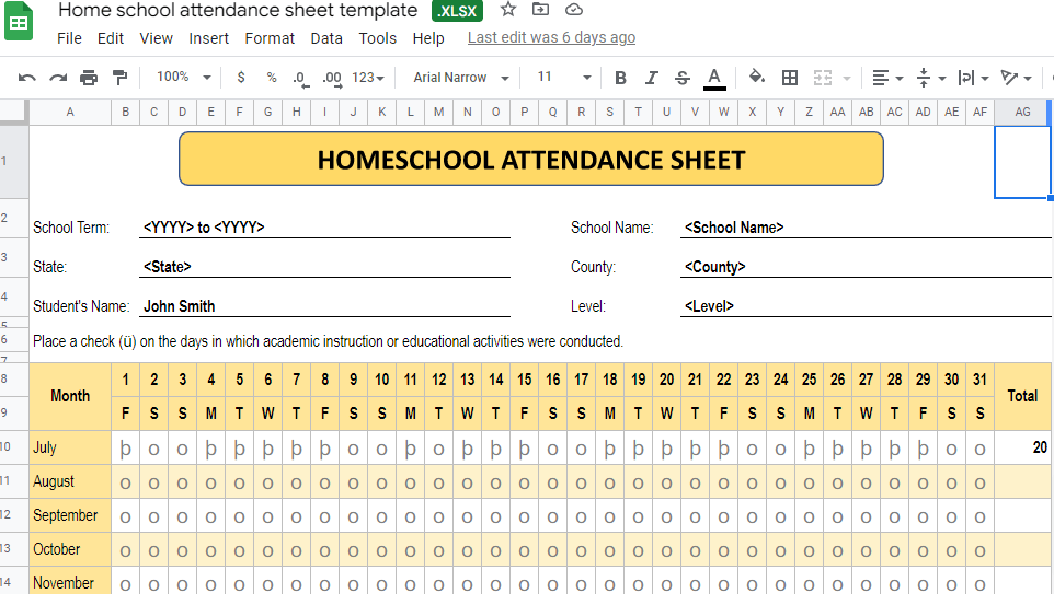 Home school attendance sheet template xlsx-Google Sheets