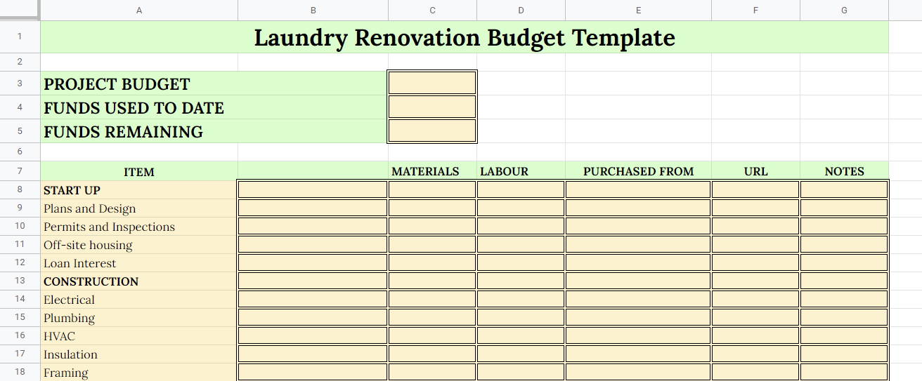 Laundry Renovation Budget Template