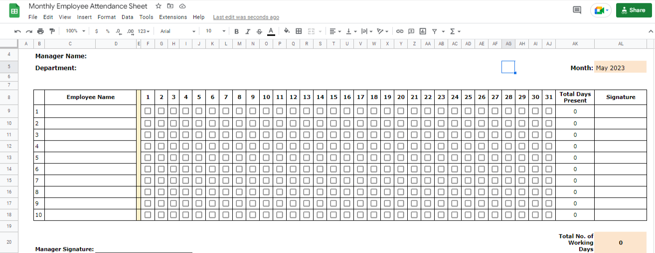 Monthly Employee Attendance Sheet Google Sheets