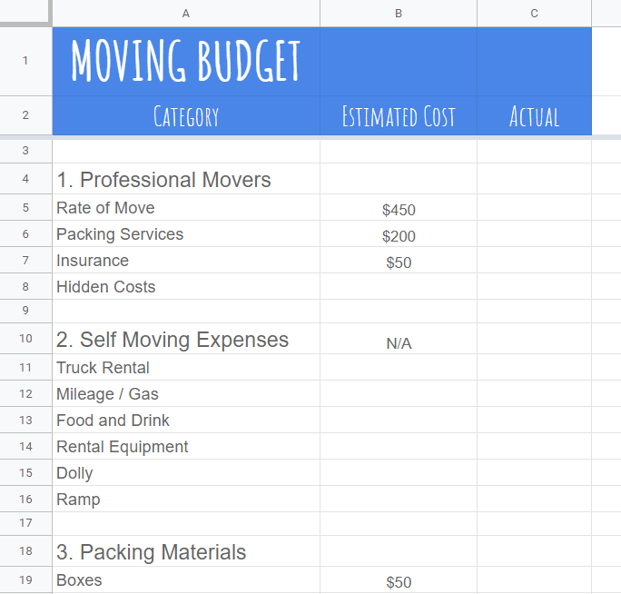 Moving House Budget Template