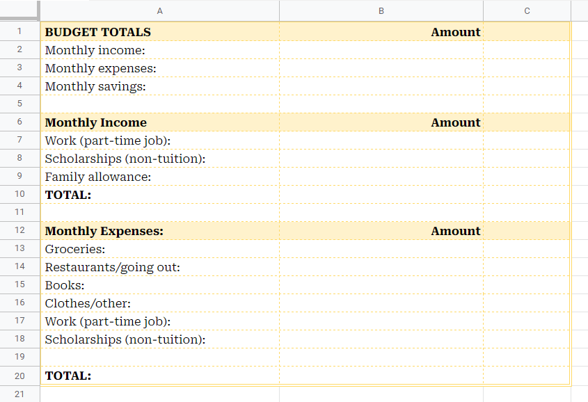 Printable College Student Monthly Budget Template
