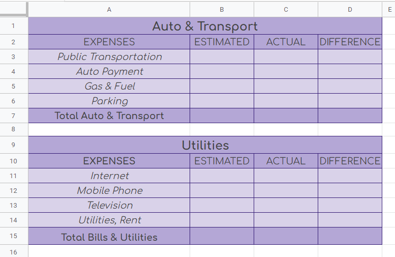 Recent College Graduate Budget Template