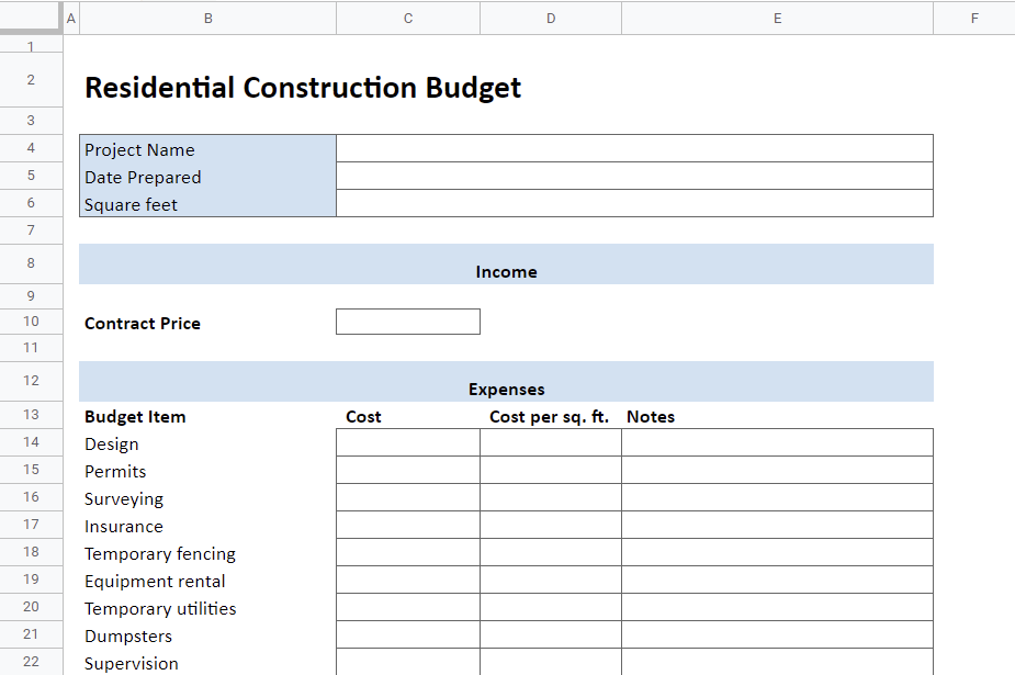 Residential Renovation Budget Template