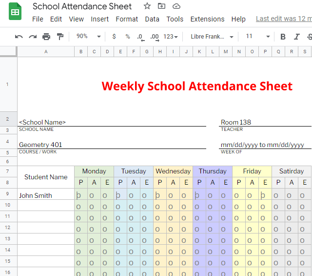 School Attendance Sheet Google Sheets