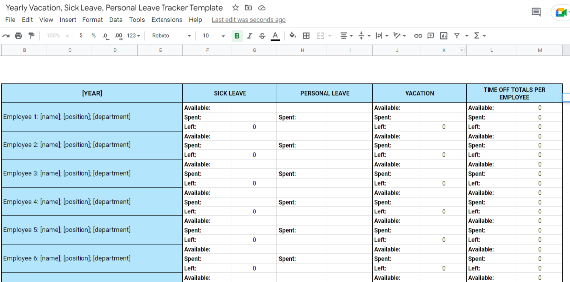 Vacation Sick Leave Personal Leave Tracker Template Google Sheets