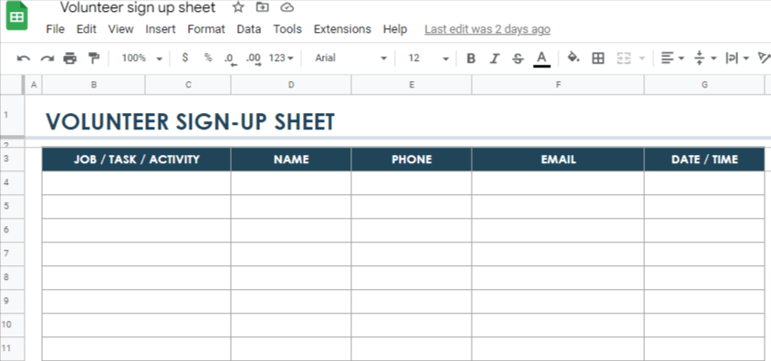 Volunteer sign up sheet Google Sheets