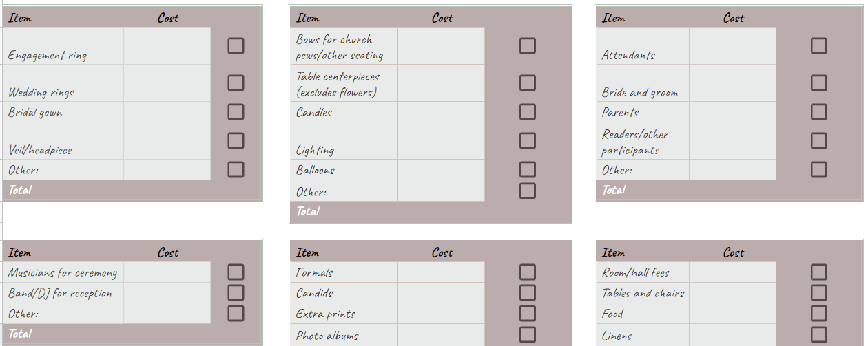 Wedding Budget Checklist Template