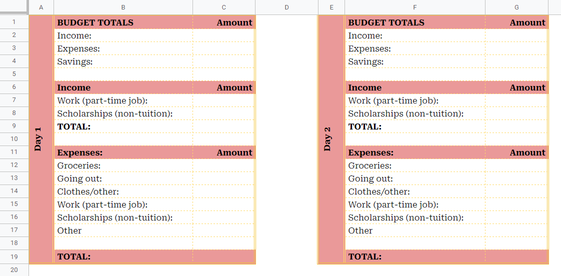 Weekly College Budget Template