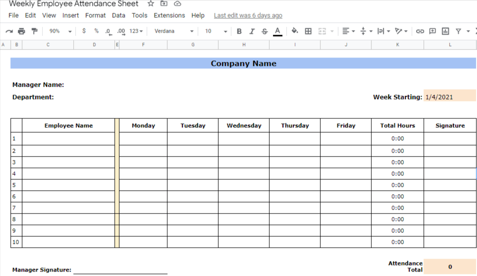 Weekly Employee Attendance Sheet Google Sheets