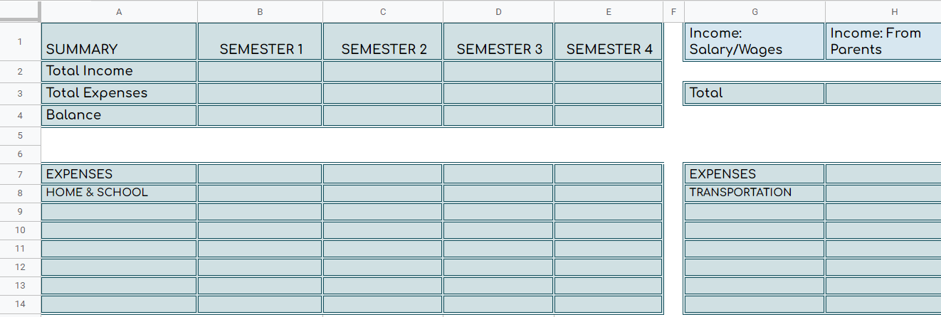 Working College Student Budget Template