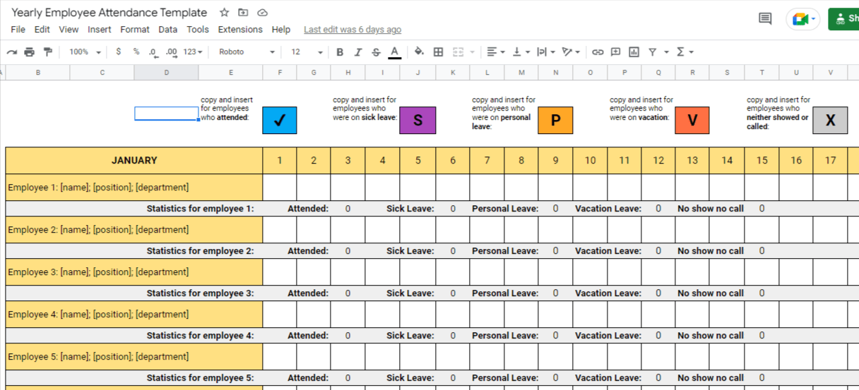 Yearly Employee Attendance Template Google Sheets