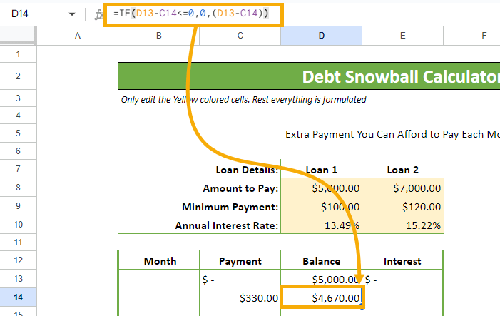 Balance after first payment in Google Sheets