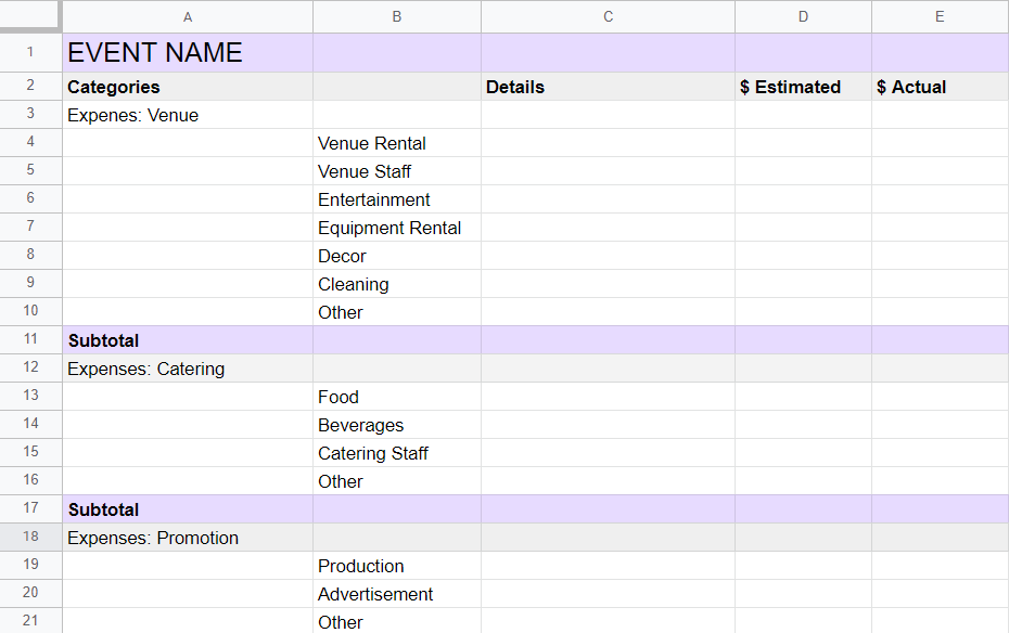 Catering Business Budget Template