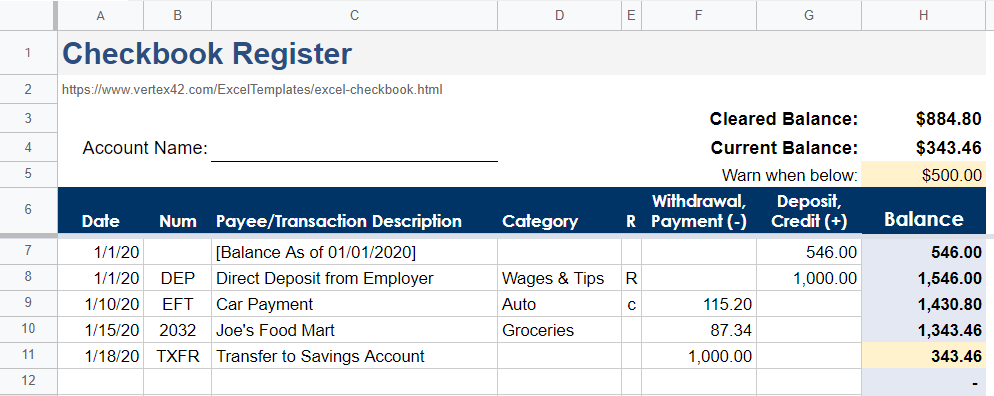 Checkbook Ledger Template