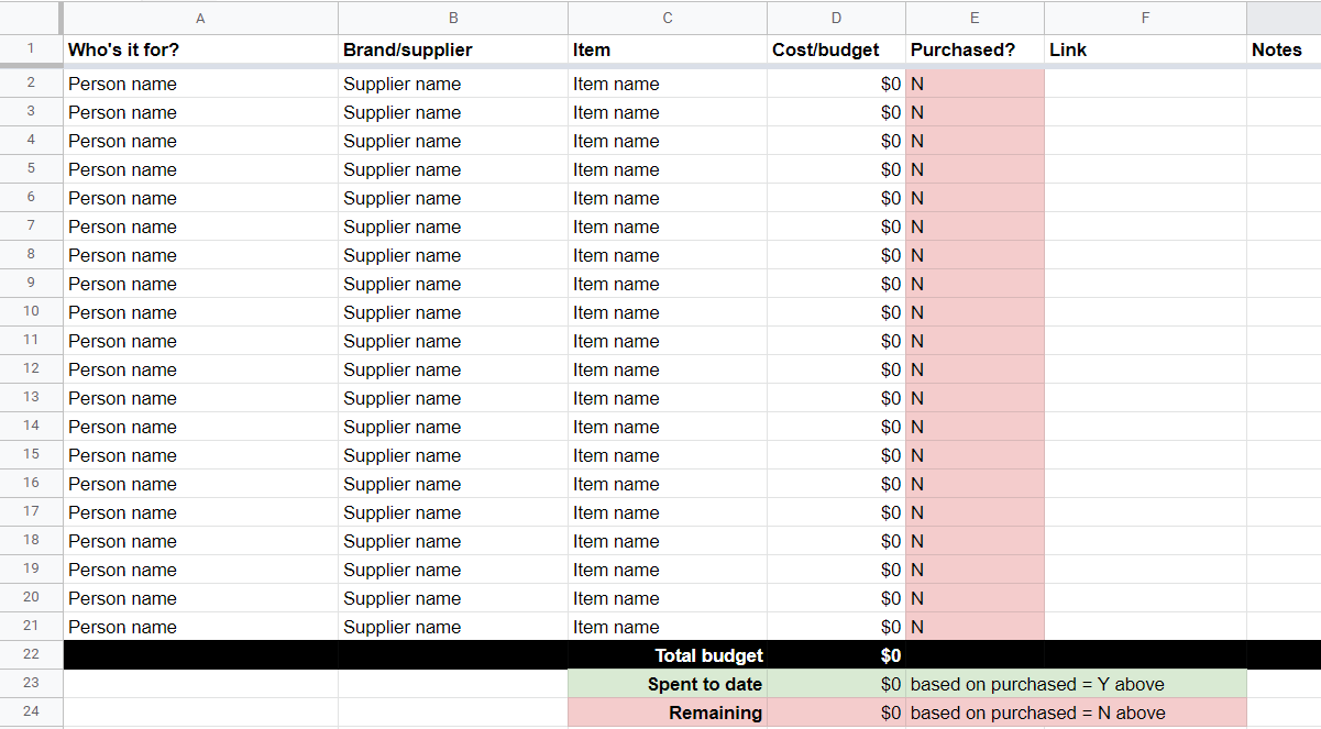 Christmas Gift Tracker Budget Template