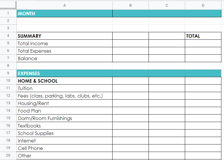 College Student Monthly Budget Template