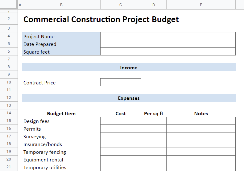 Commercial Construction Budget Template