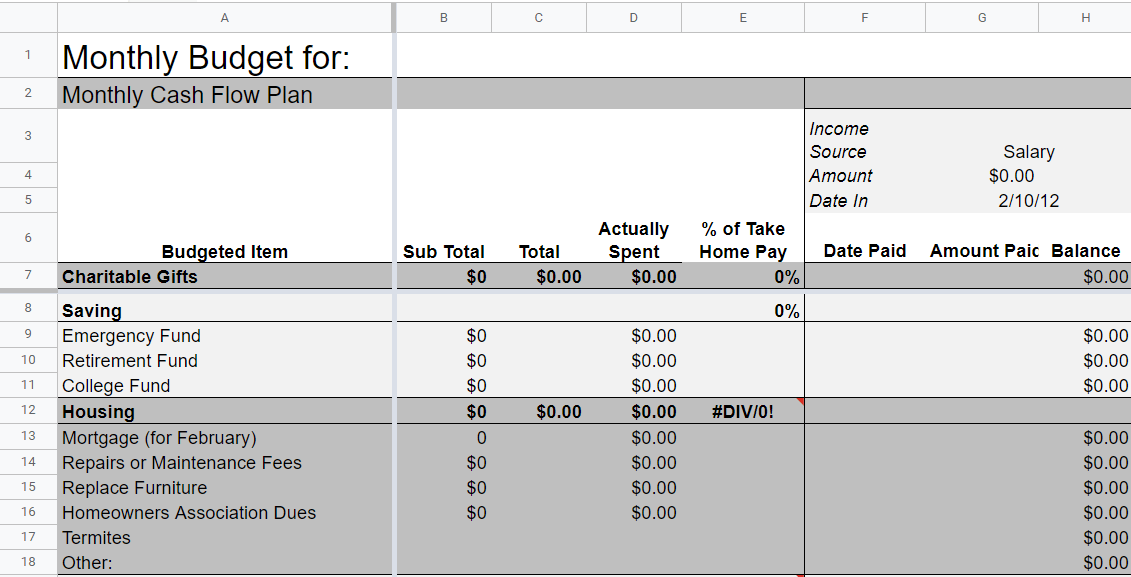 Dave Ramsey's Zero-Based Budget Template