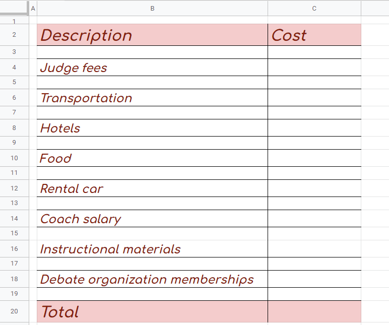 Debating Club Budget Template