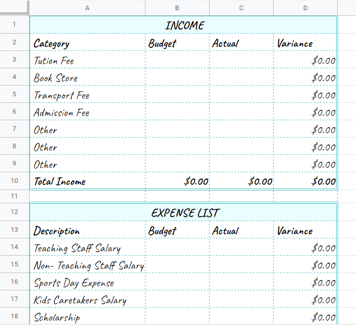 Elementary School Budget Template