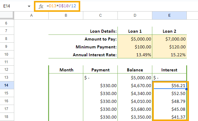 Formula for Interest Amount for each Month