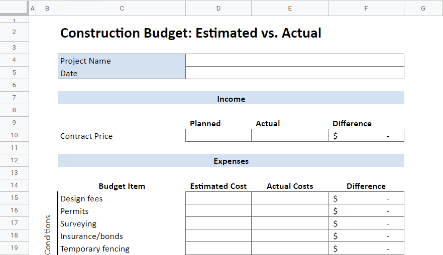 Free Downloadable Construction Budget Template