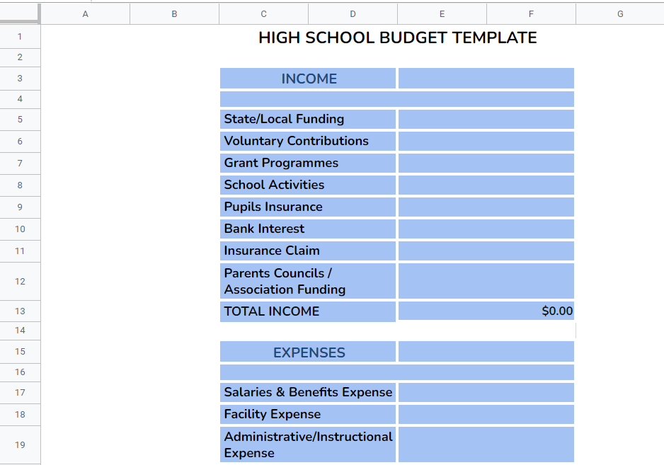 High School Budget Template