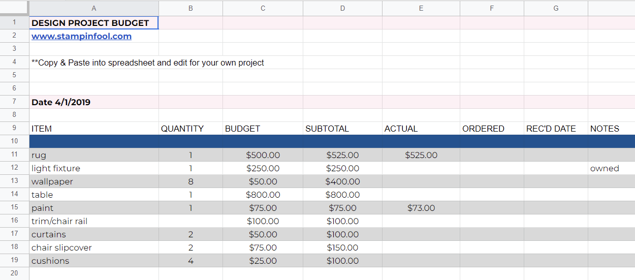 Interior Design Project Budget Template 